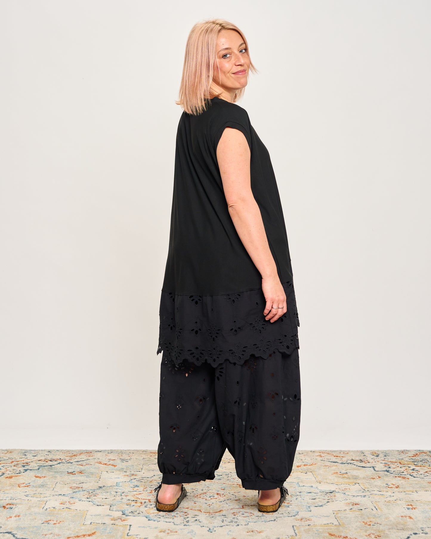 Oversized T-shirt with Dropped Sleeves and Broderie Anglaise Flounce