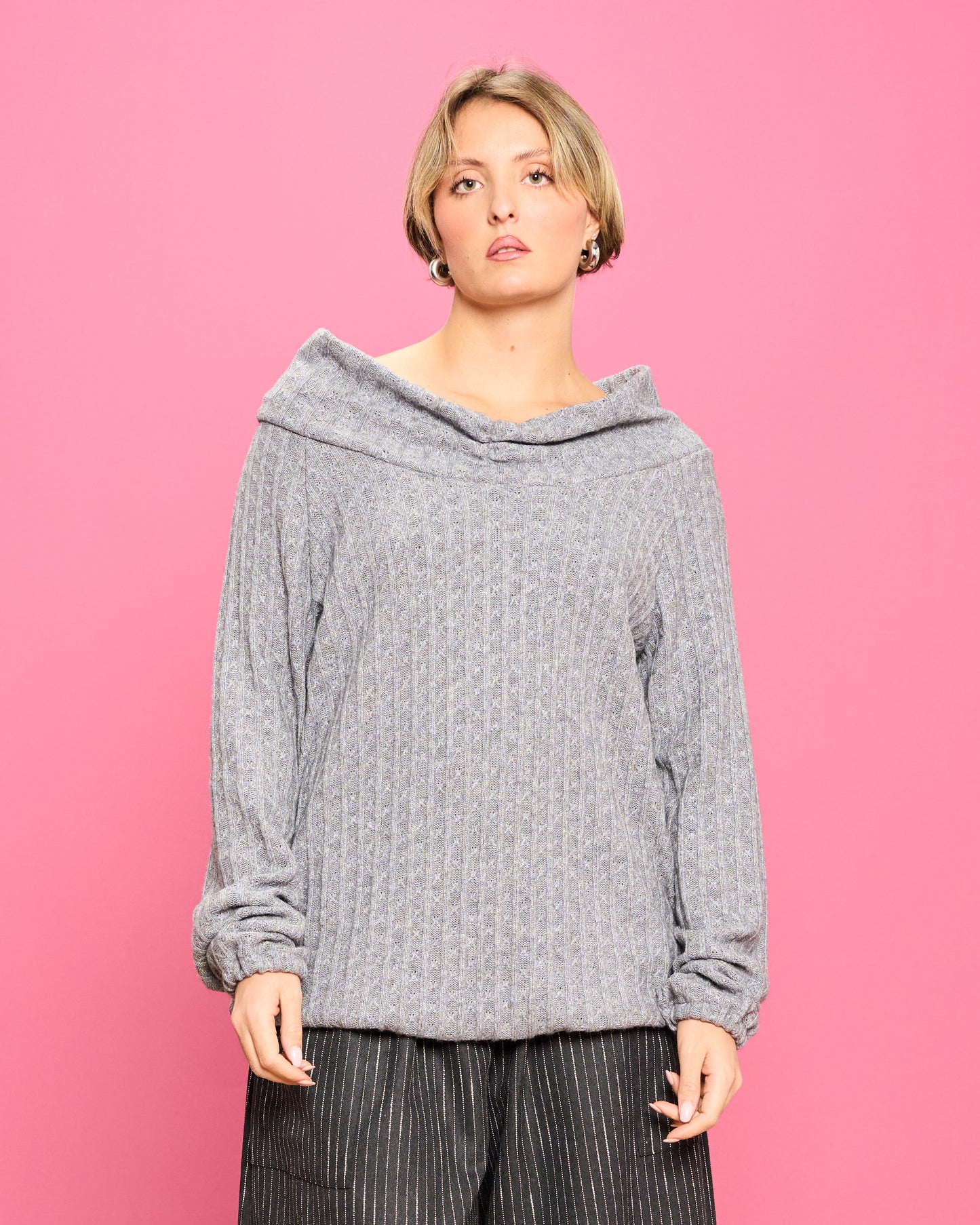 Cable Knit Sweater with Wide Donut Neck