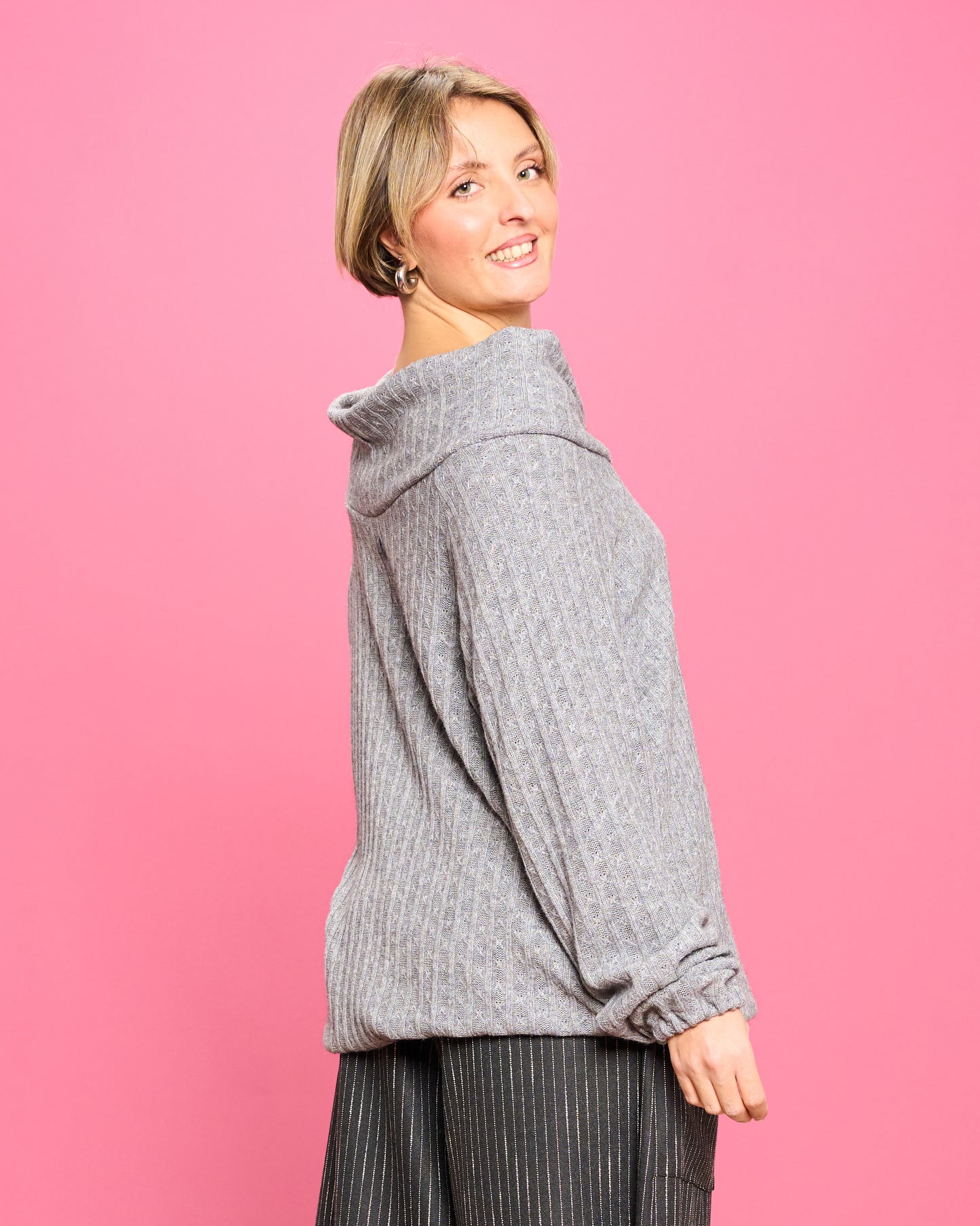 Cable Knit Sweater with Wide Donut Neck