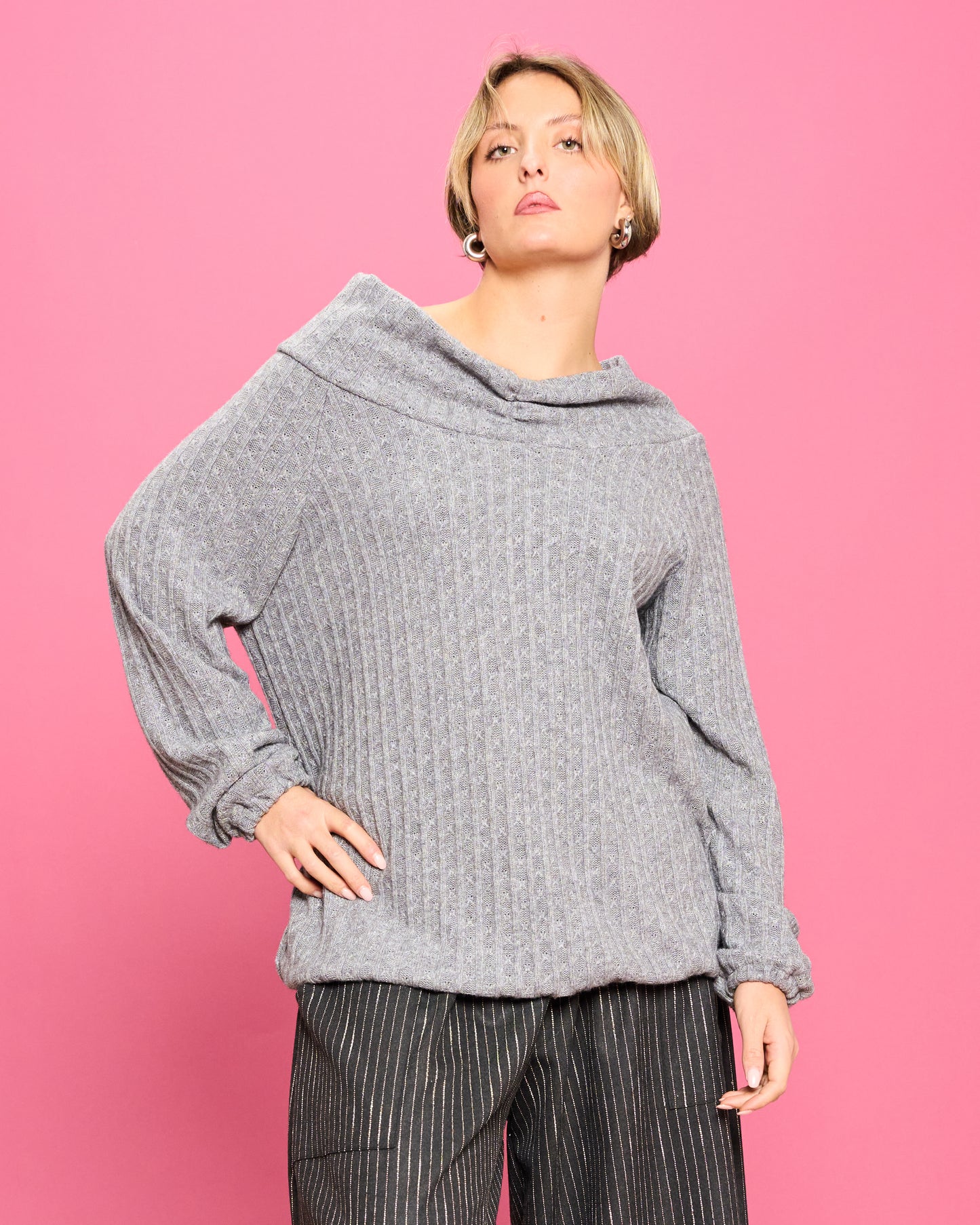 Cable Knit Sweater with Wide Donut Neck