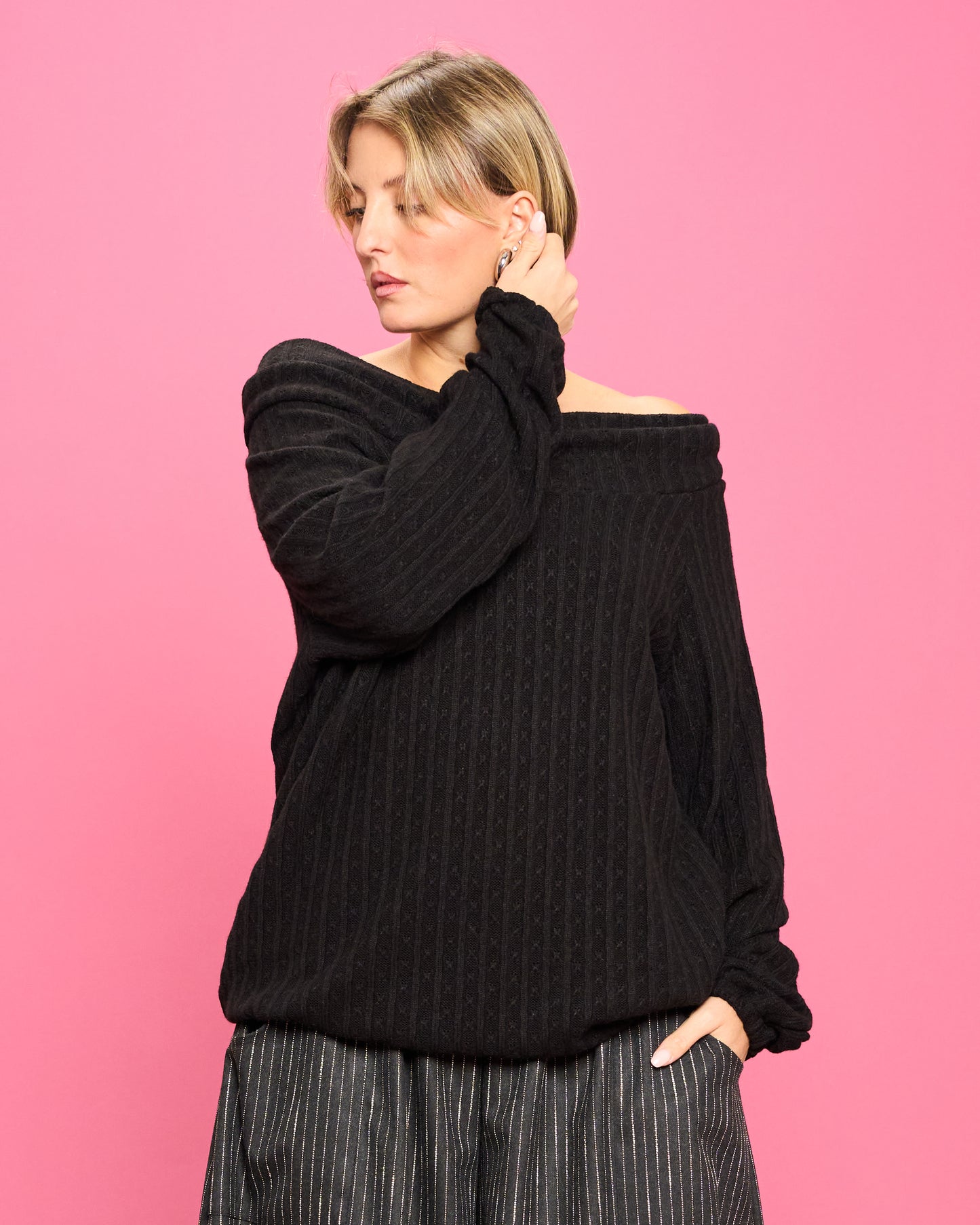 Cable Knit Sweater with Wide Donut Neck