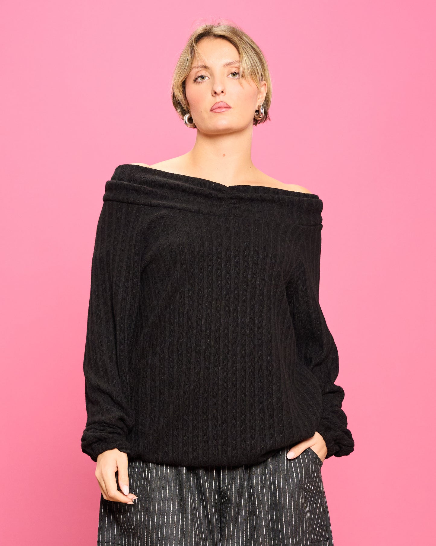 Cable Knit Sweater with Wide Donut Neck