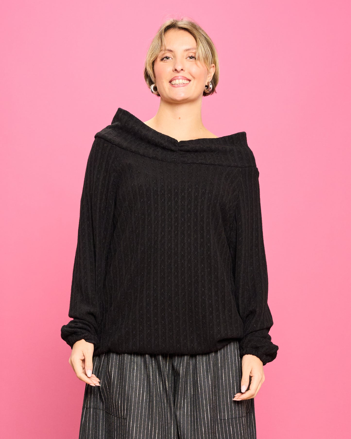 Cable Knit Sweater with Wide Donut Neck