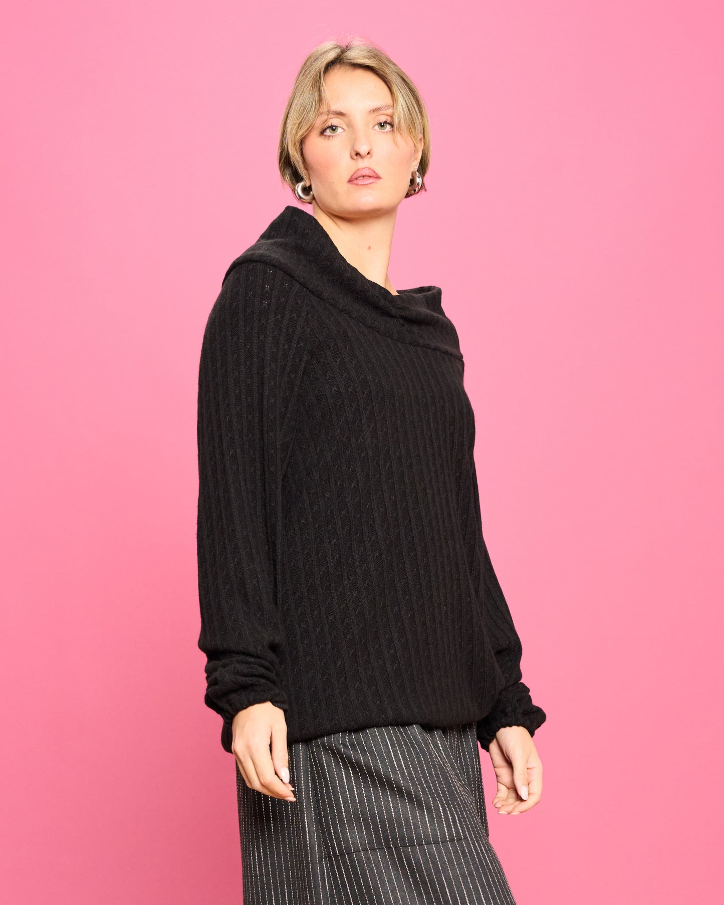 Cable Knit Sweater with Wide Donut Neck