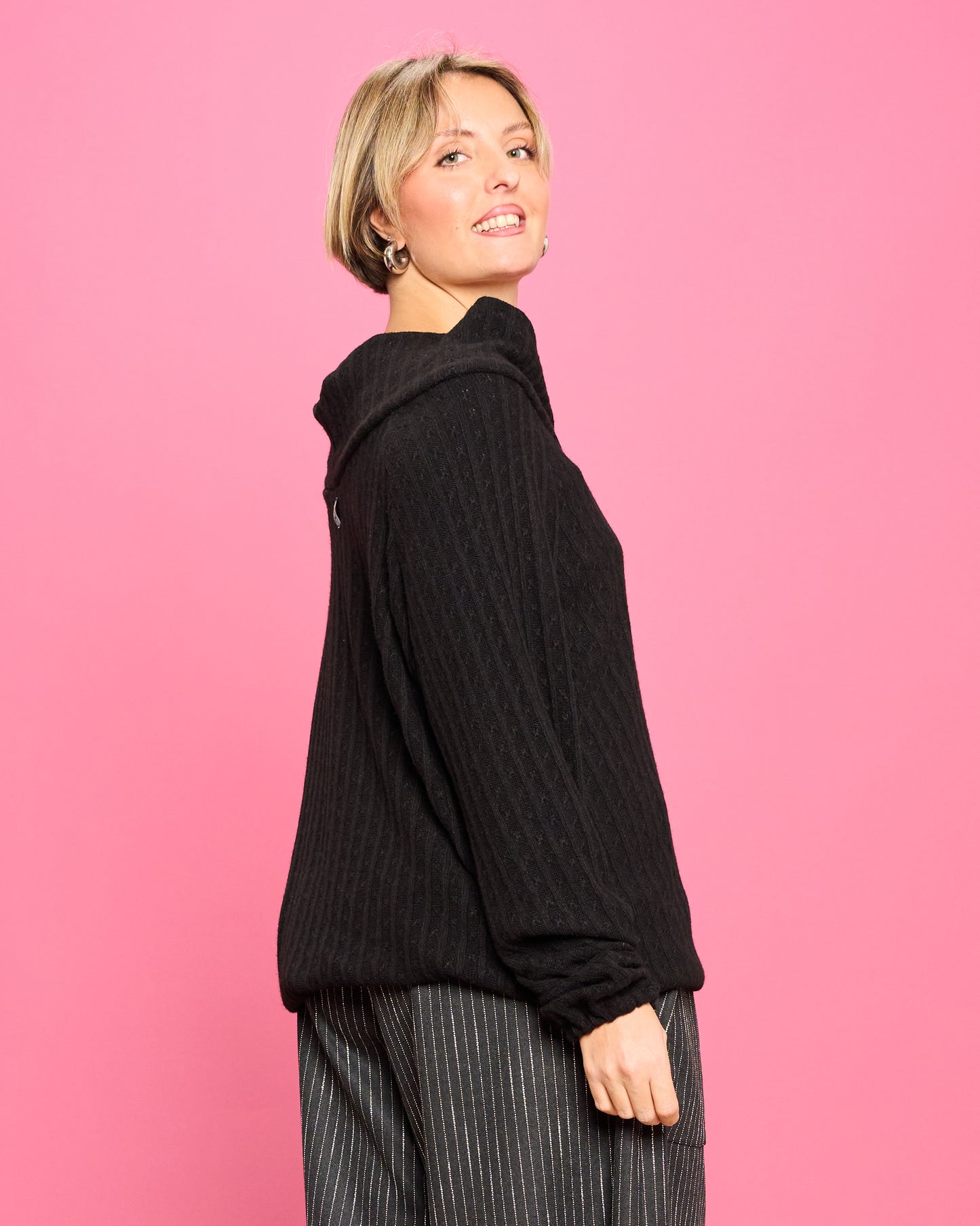 Cable Knit Sweater with Wide Donut Neck