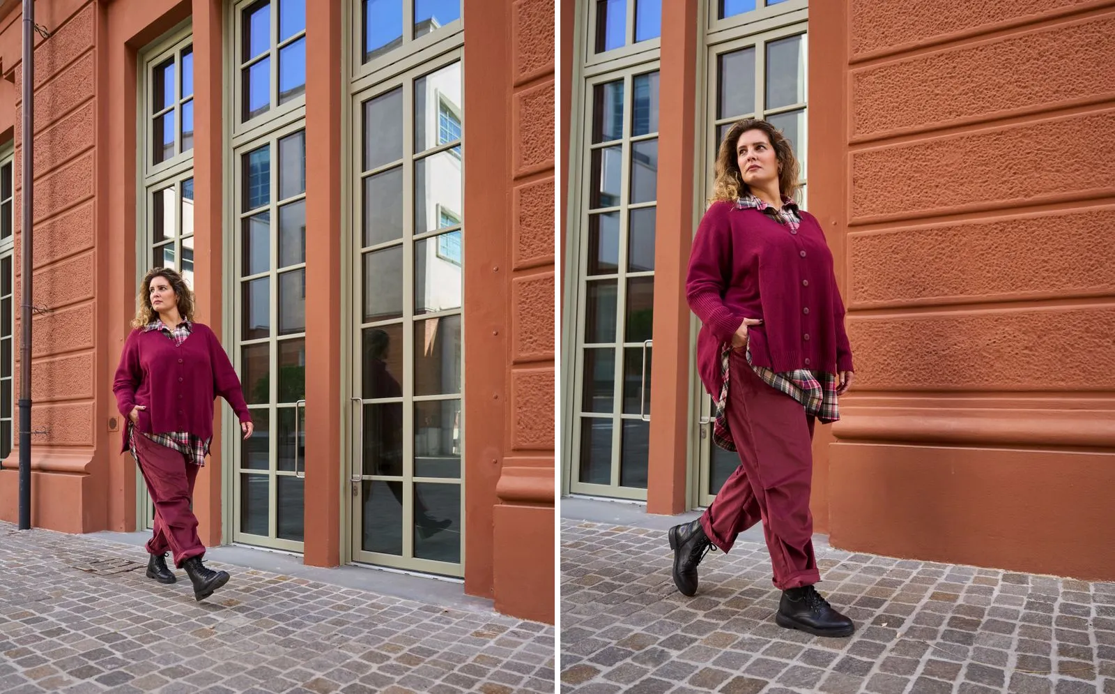 PERIOPOLIS campaign: burgundy cardigan and trousers in front of a red facade