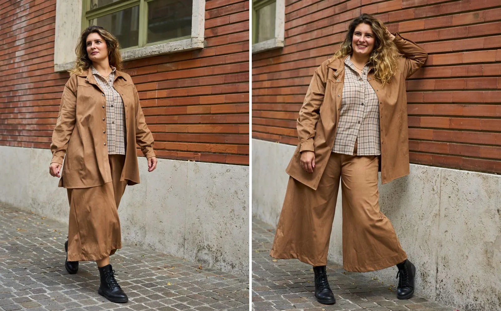 PERIOPOLIS campaign: camel jacket and trousers with a checked shirt