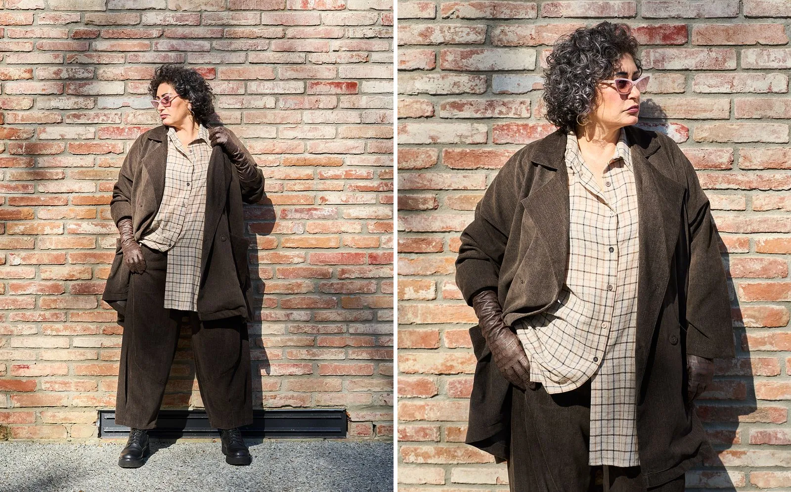 PERIOPOLIS campaign: brown coat and checked shirt against a brick wall