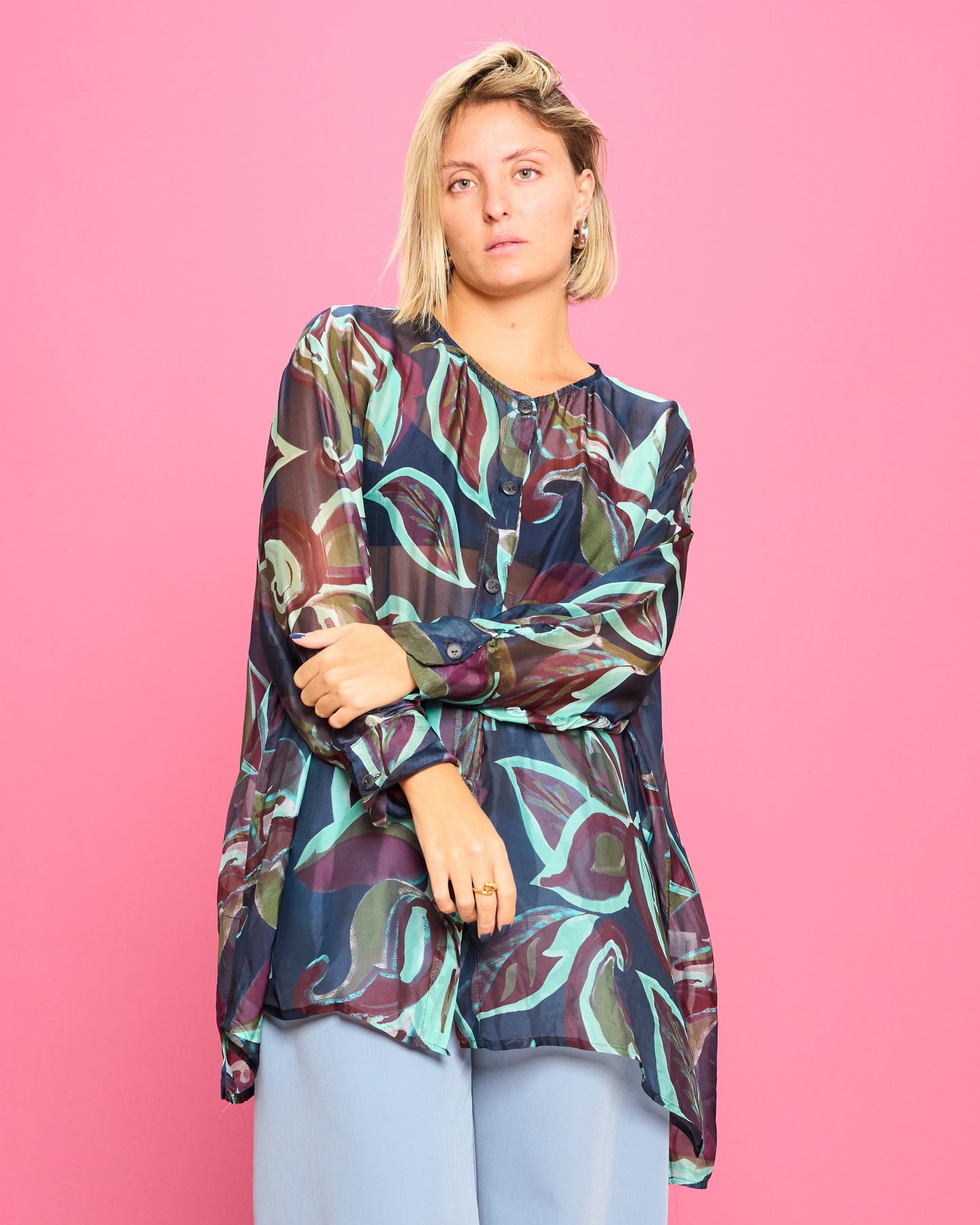 Camicia Over in Misto Seta Stampata