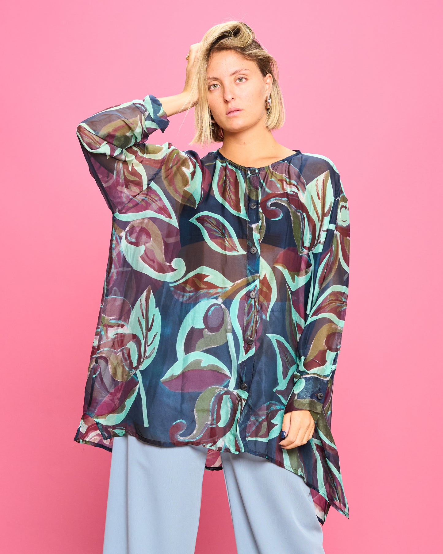 Camicia Over in Misto Seta Stampata