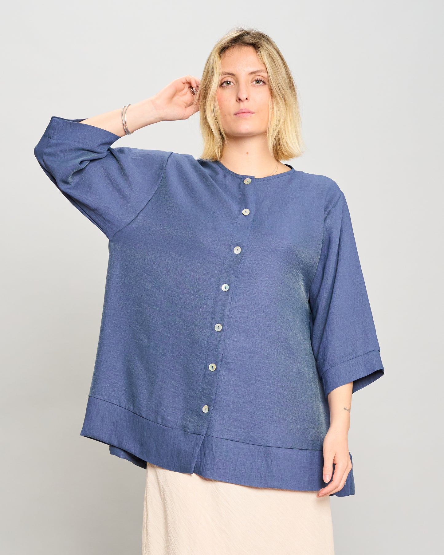 Mandarin Collar Shirt in Linen-Effect Viscose