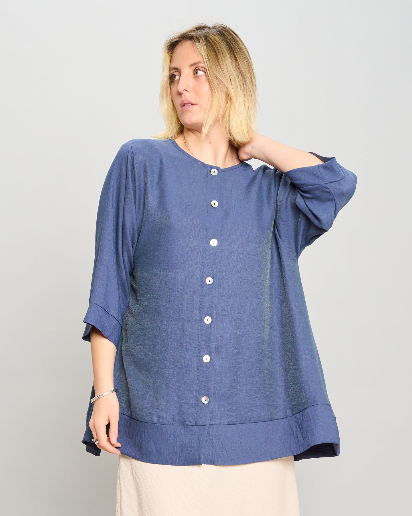 Mandarin Collar Shirt in Linen-Effect Viscose