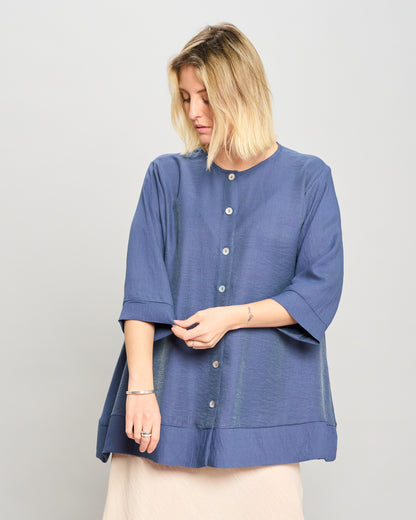 Mandarin Collar Shirt in Linen-Effect Viscose