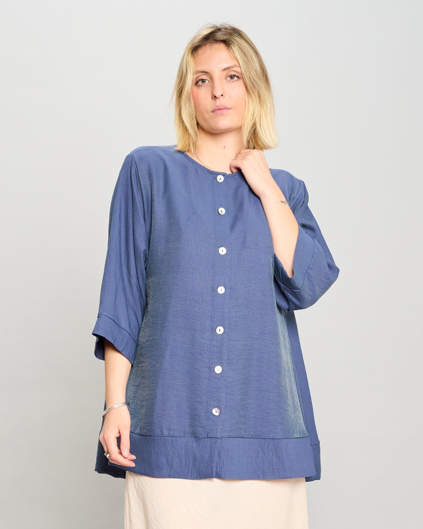 Mandarin Collar Shirt in Linen-Effect Viscose