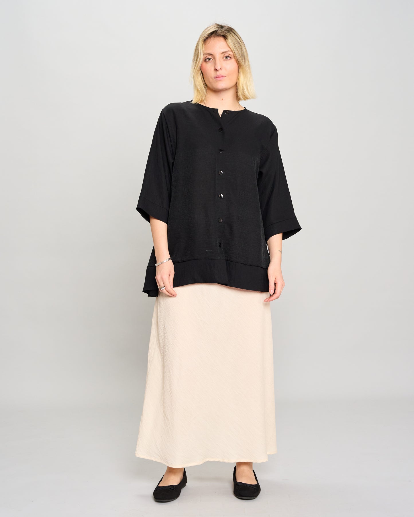 Mandarin Collar Shirt in Linen-Effect Viscose