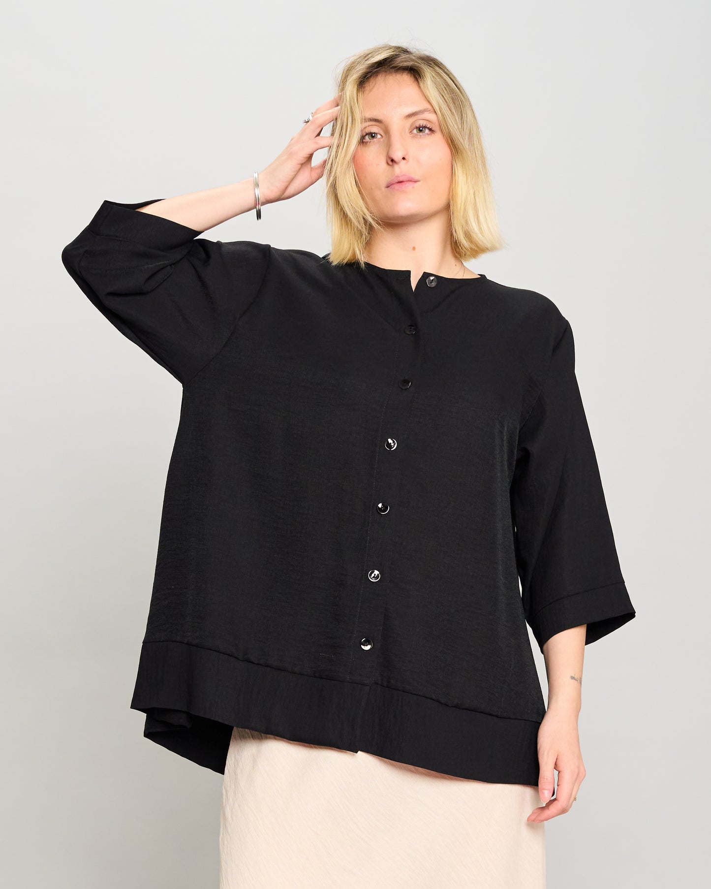 Mandarin Collar Shirt in Linen-Effect Viscose
