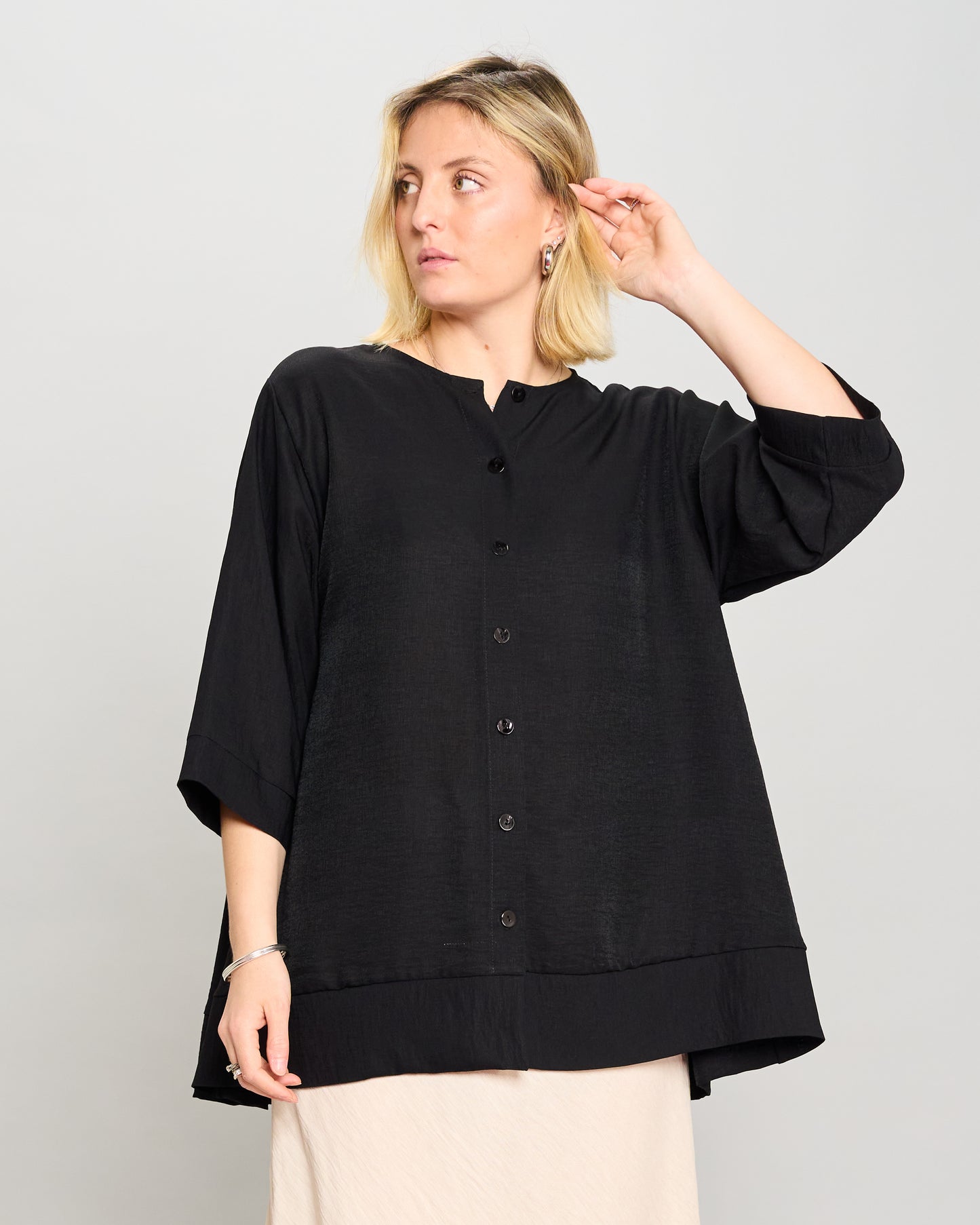 Mandarin Collar Shirt in Linen-Effect Viscose