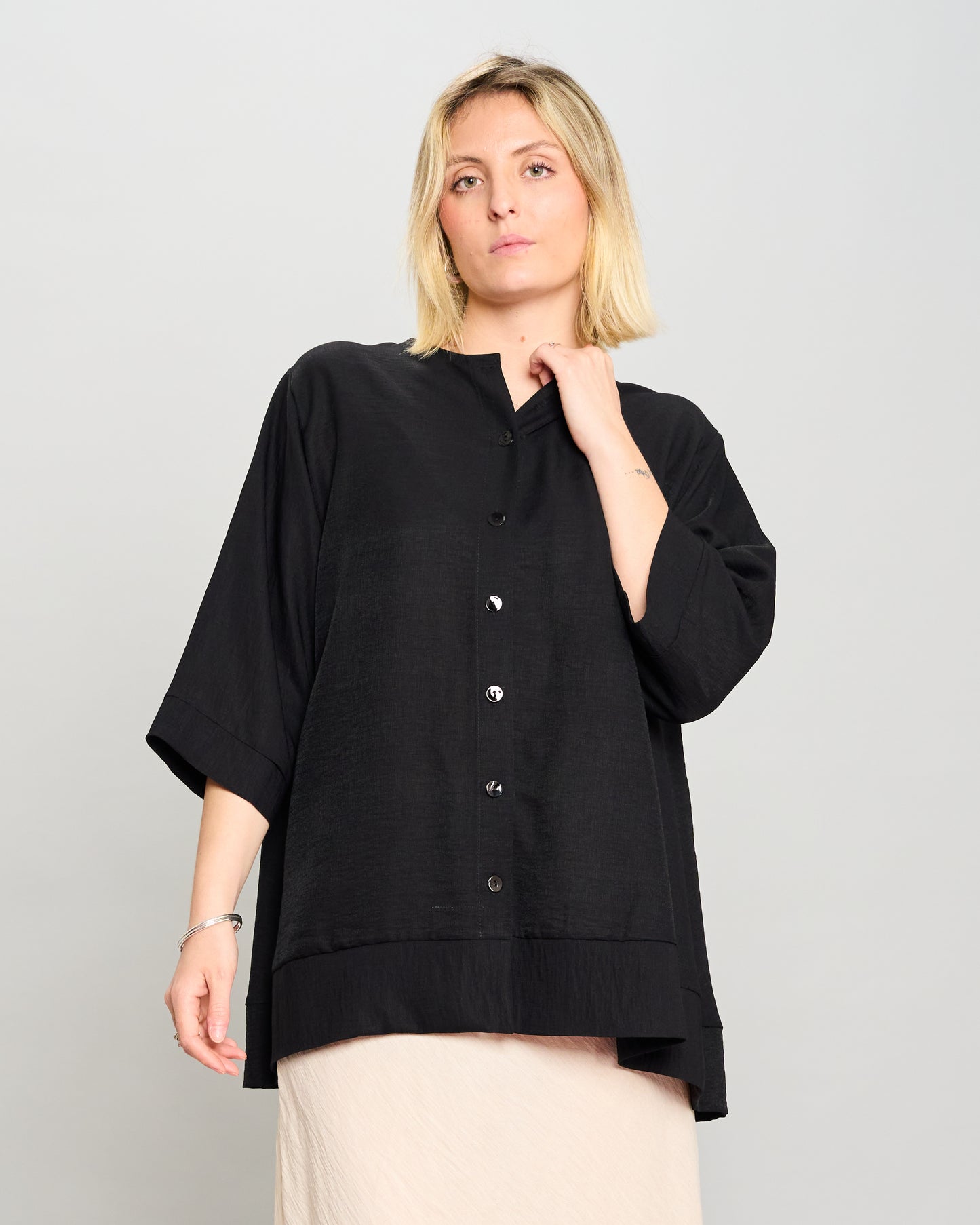 Mandarin Collar Shirt in Linen-Effect Viscose