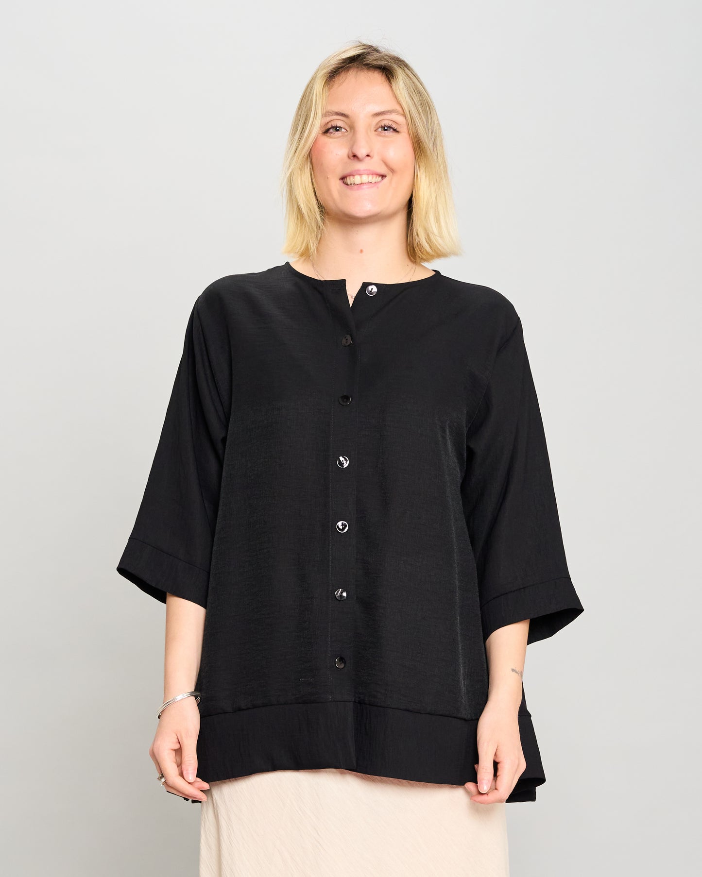 Mandarin Collar Shirt in Linen-Effect Viscose