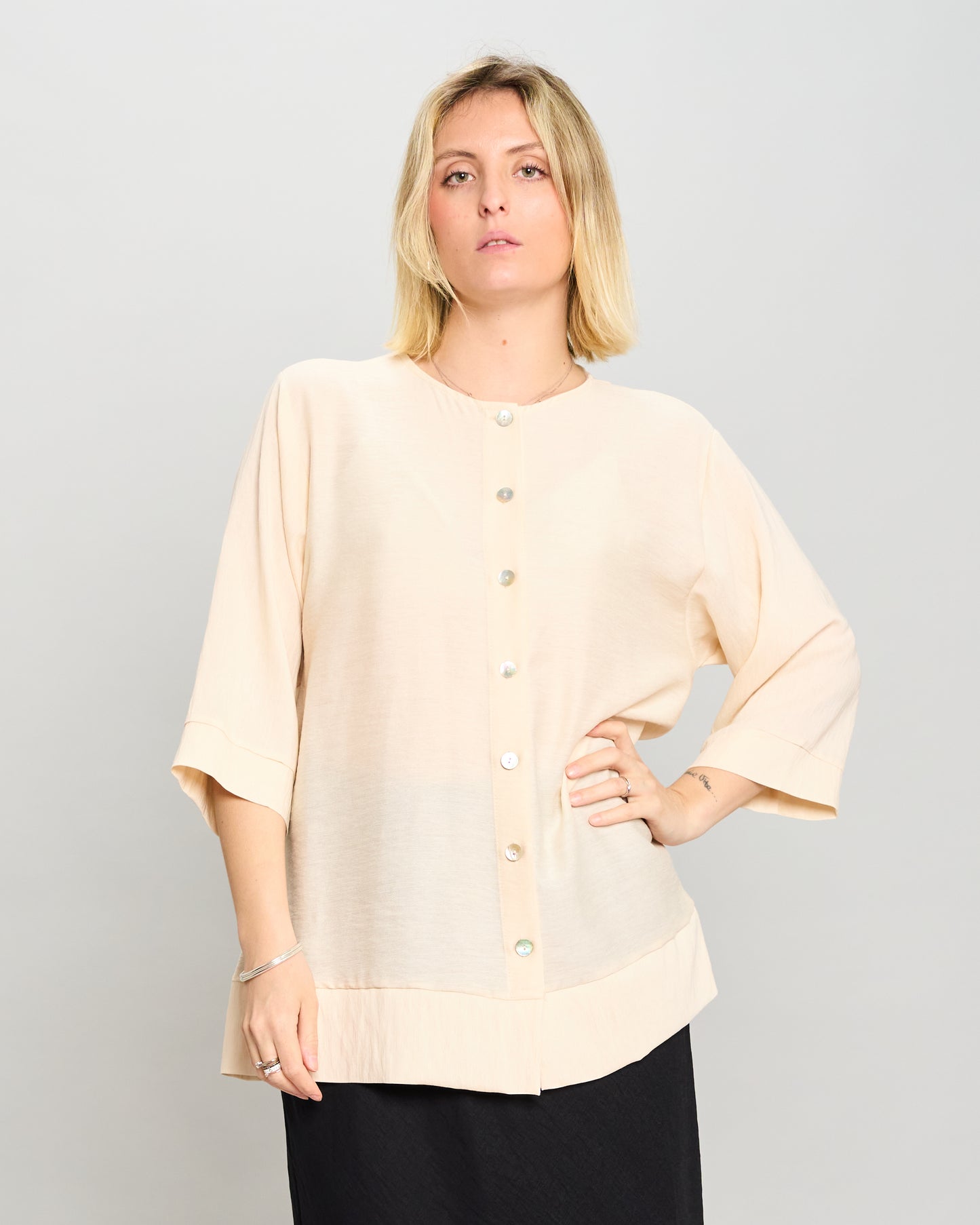 Mandarin Collar Shirt in Linen-Effect Viscose