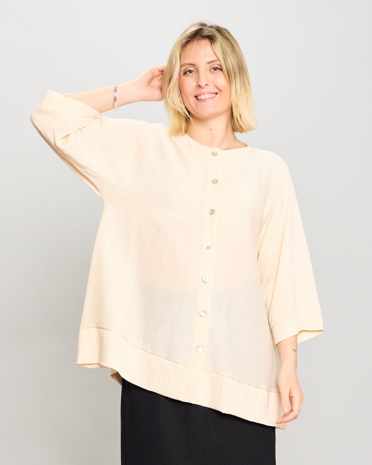 Mandarin Collar Shirt in Linen-Effect Viscose