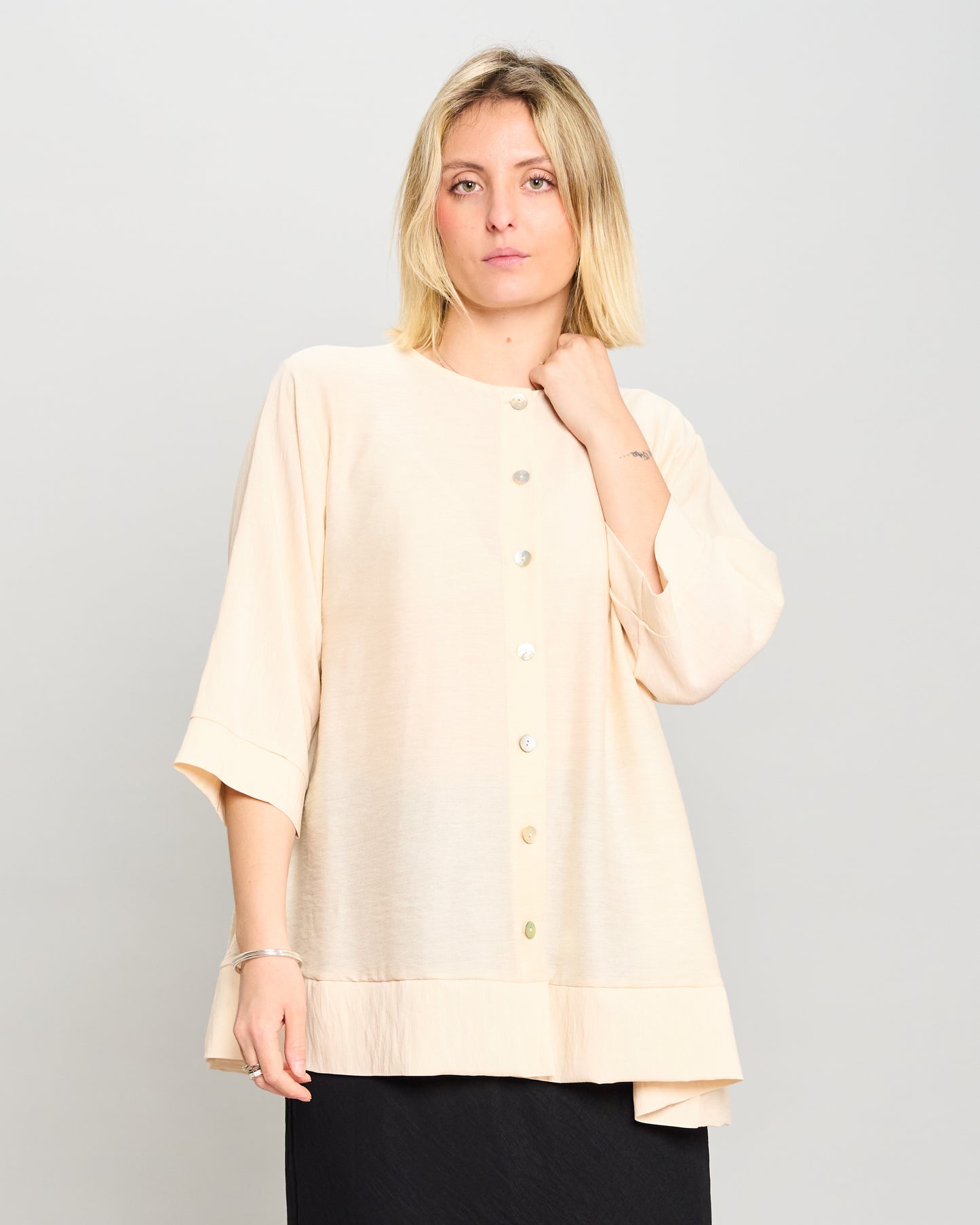Mandarin Collar Shirt in Linen-Effect Viscose