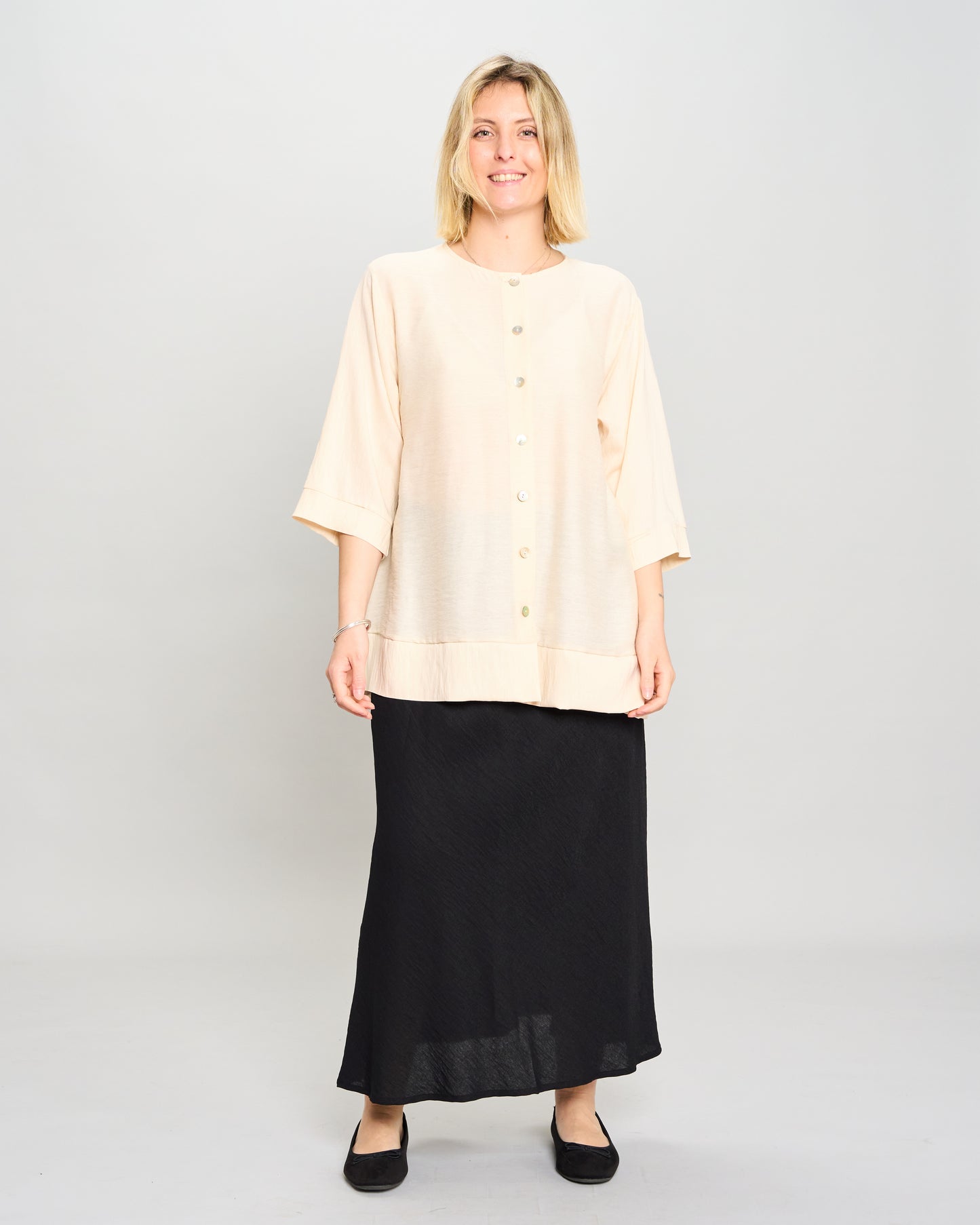 Mandarin Collar Shirt in Linen-Effect Viscose
