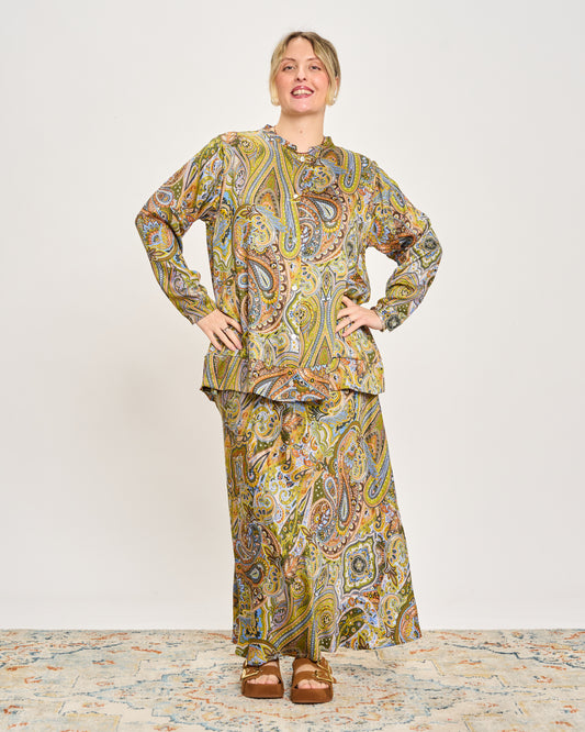 Band Collar Shirt with Cashmere Pattern