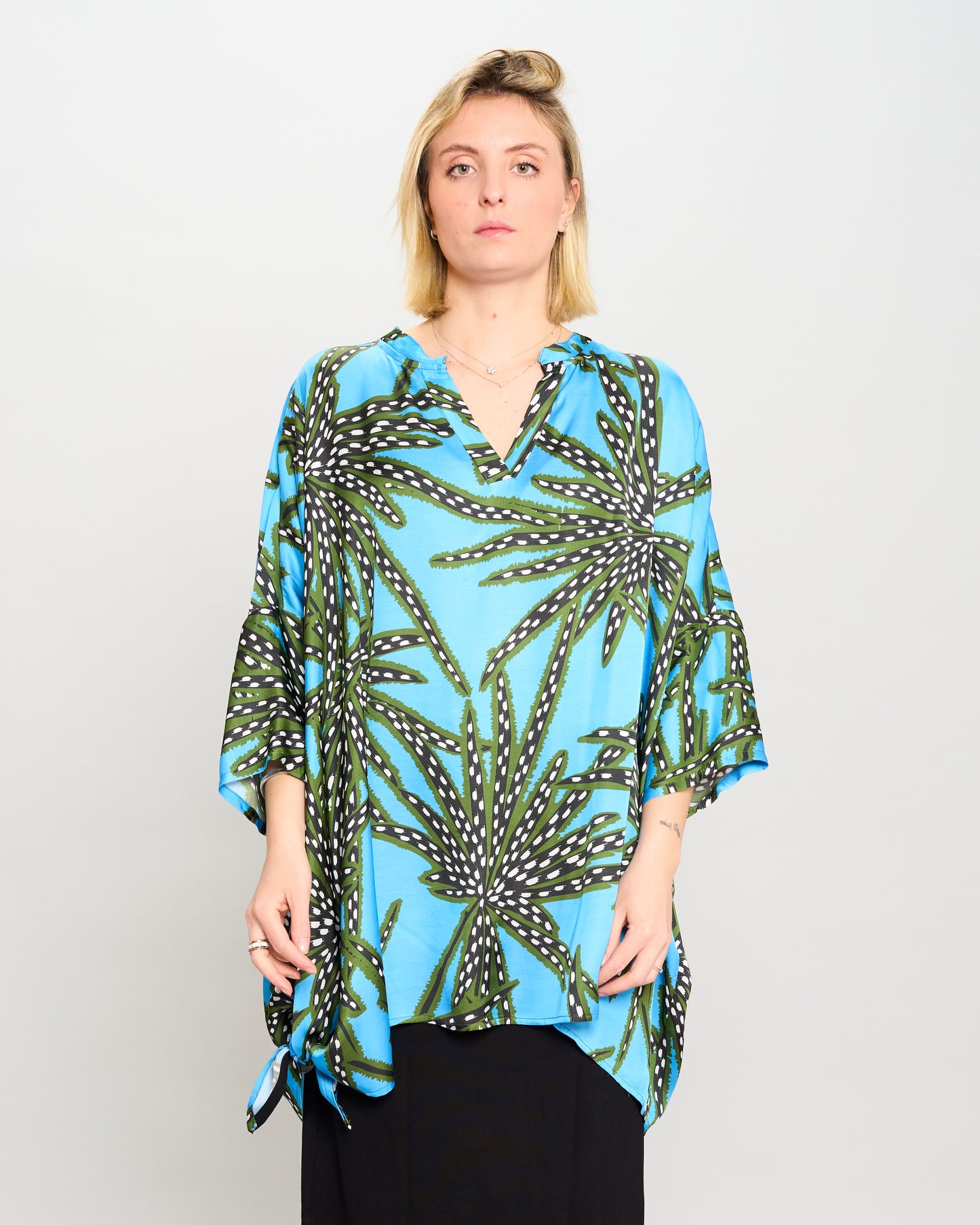 Oversized Printed Viscose Blouse with Bow Tie