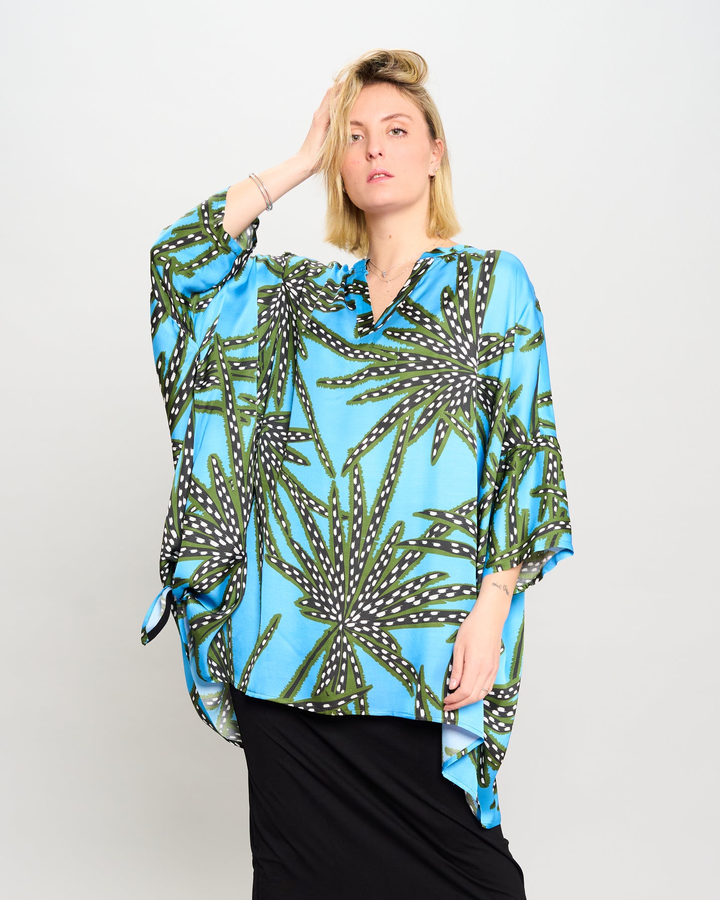 Oversized Printed Viscose Blouse with Bow Tie