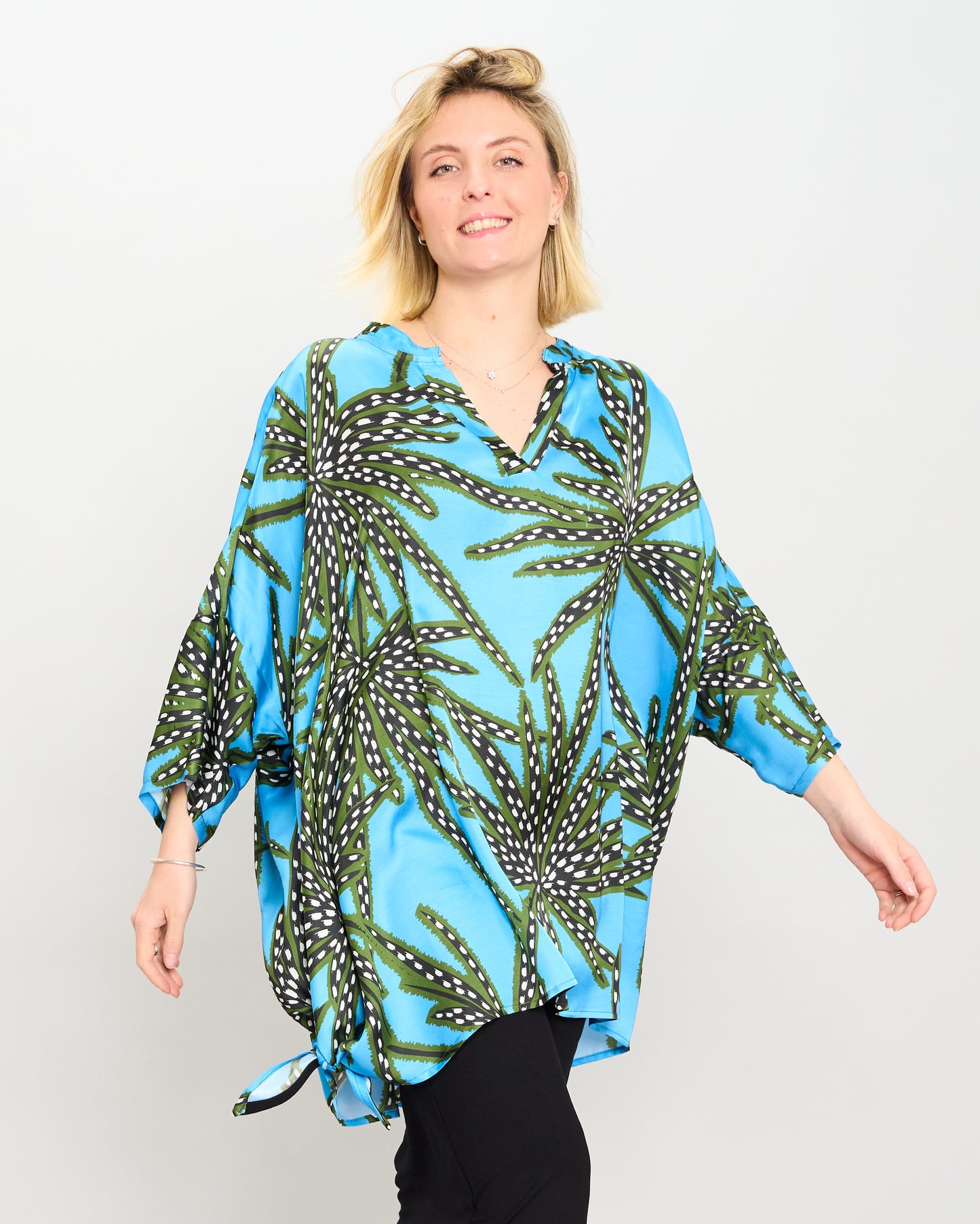 Oversized Printed Viscose Blouse with Bow Tie