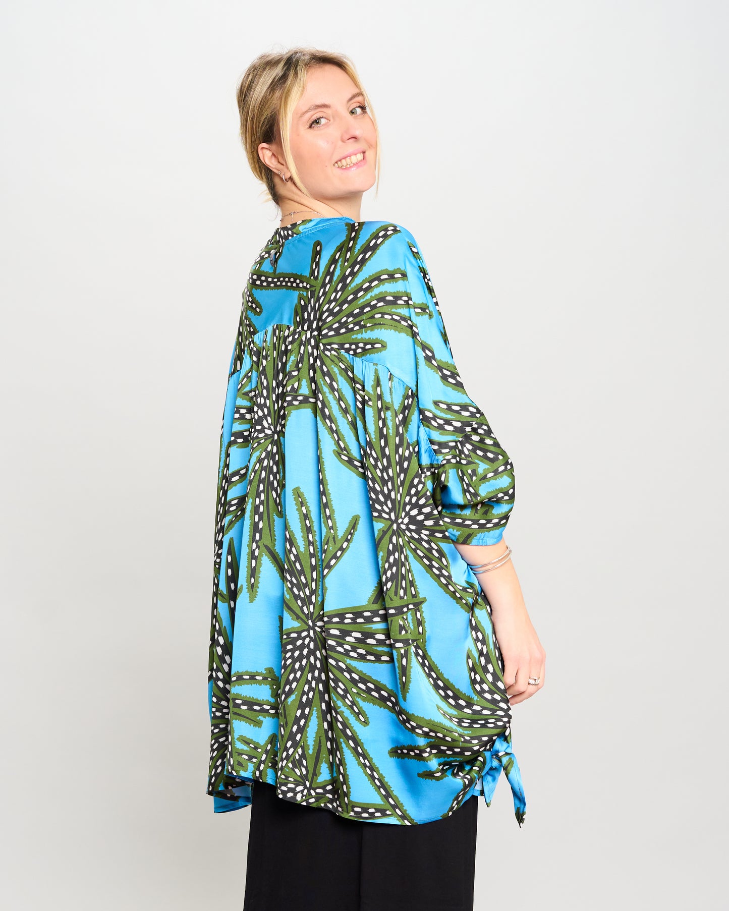 Oversized Printed Viscose Blouse with Bow Tie