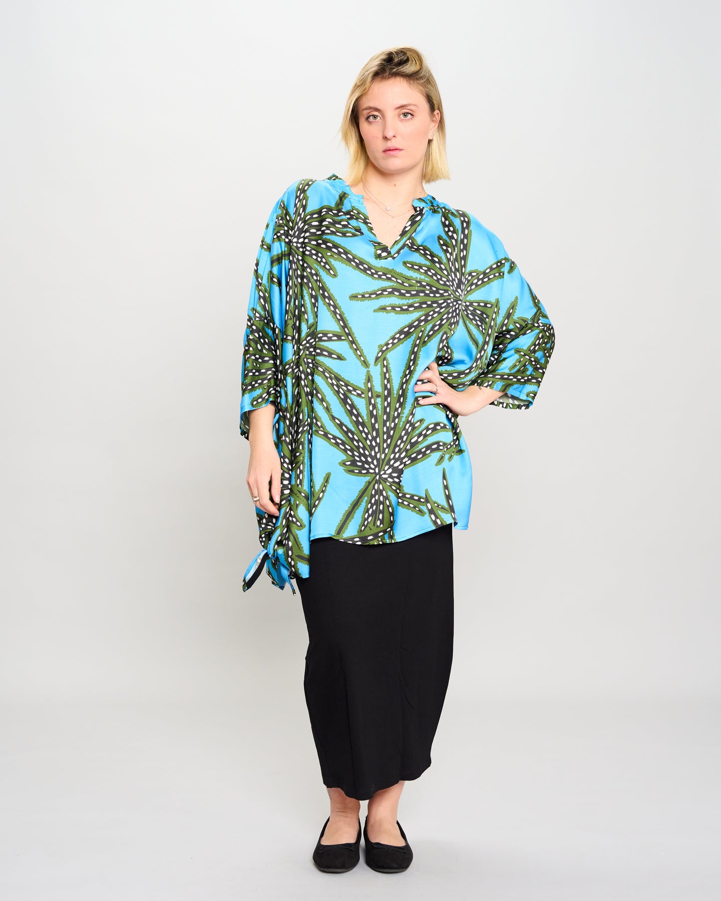 Oversized Printed Viscose Blouse with Bow Tie