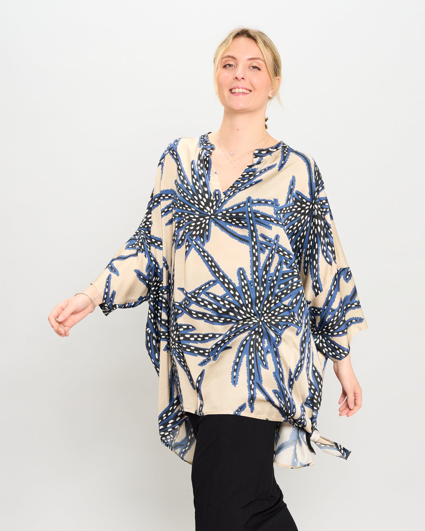 Oversized Printed Viscose Blouse with Bow Tie
