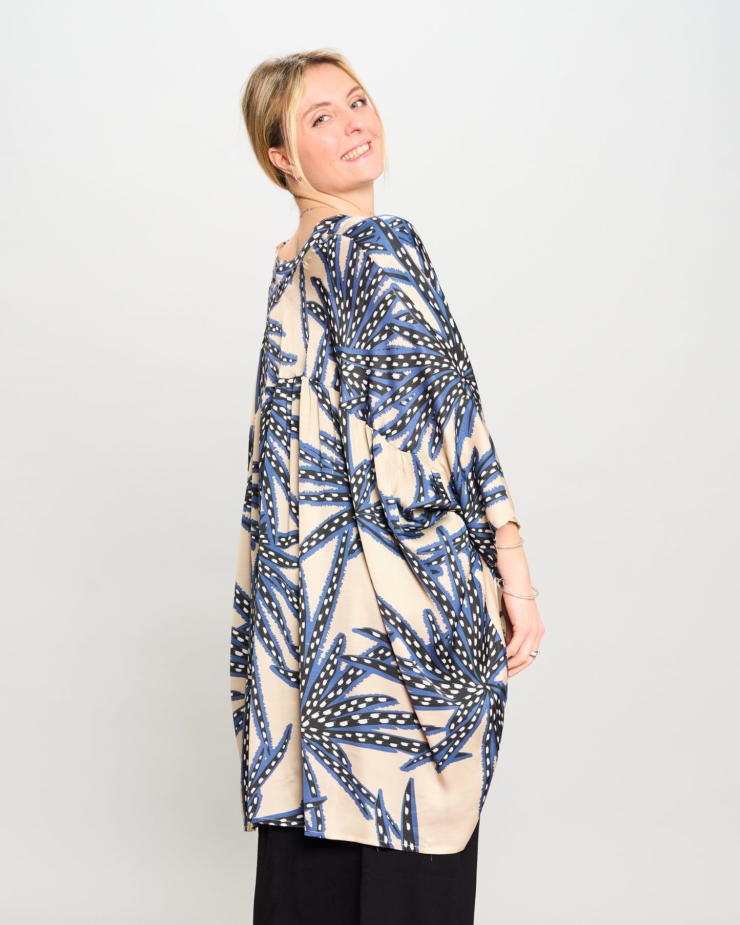Oversized Printed Viscose Blouse with Bow Tie