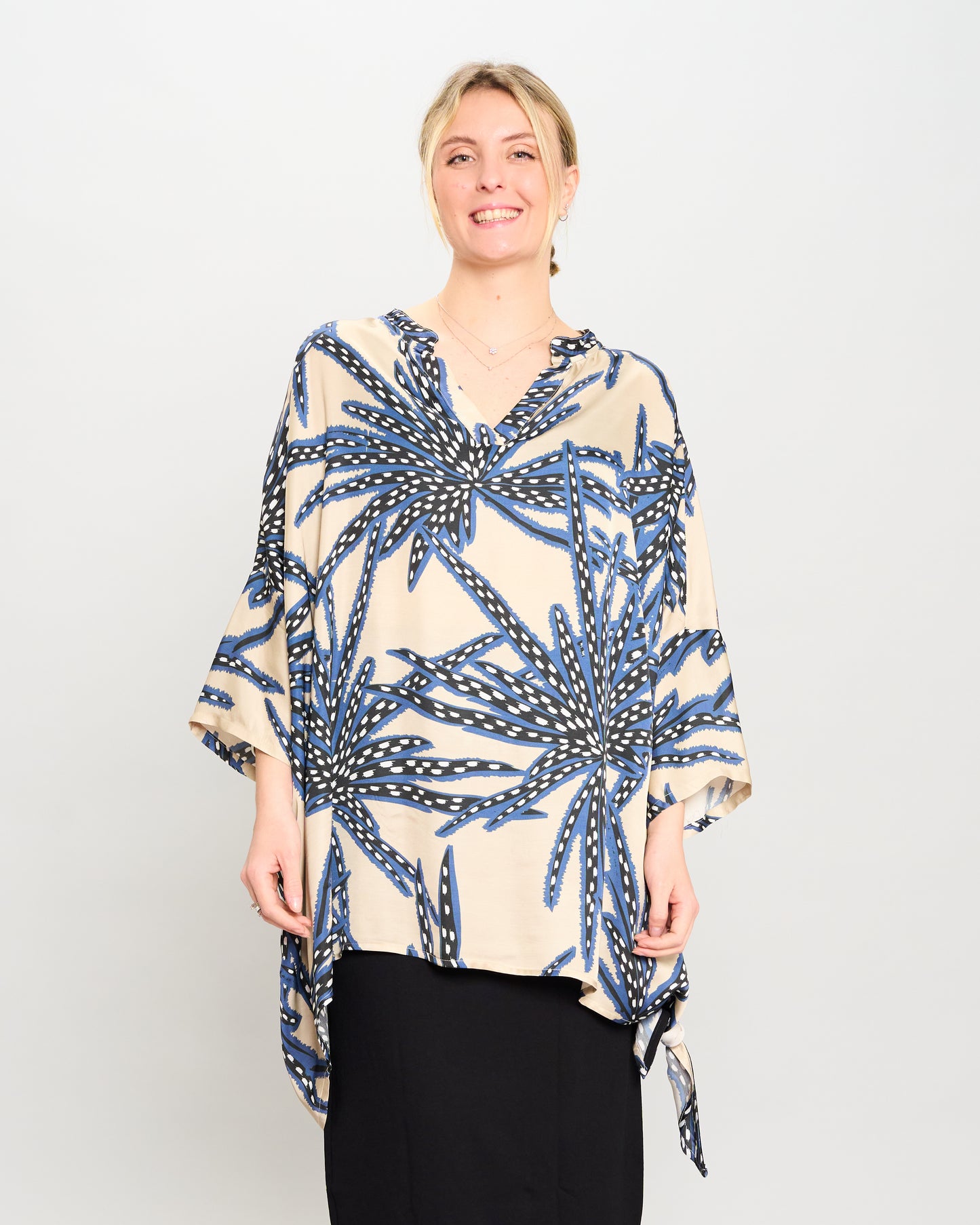Oversized Printed Viscose Blouse with Bow Tie