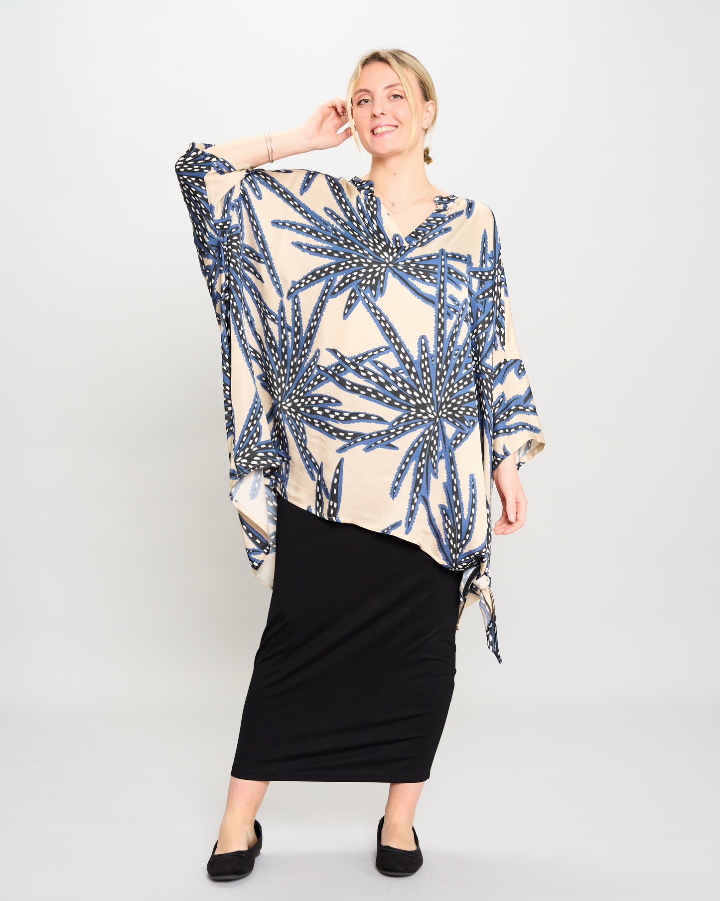 Oversized Printed Viscose Blouse with Bow Tie
