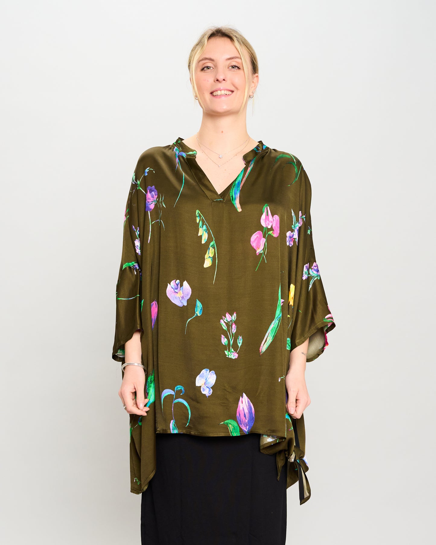 Oversized Printed Viscose Blouse with Bow Tie