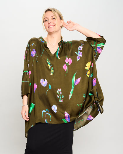 Oversized Printed Viscose Blouse with Bow Tie
