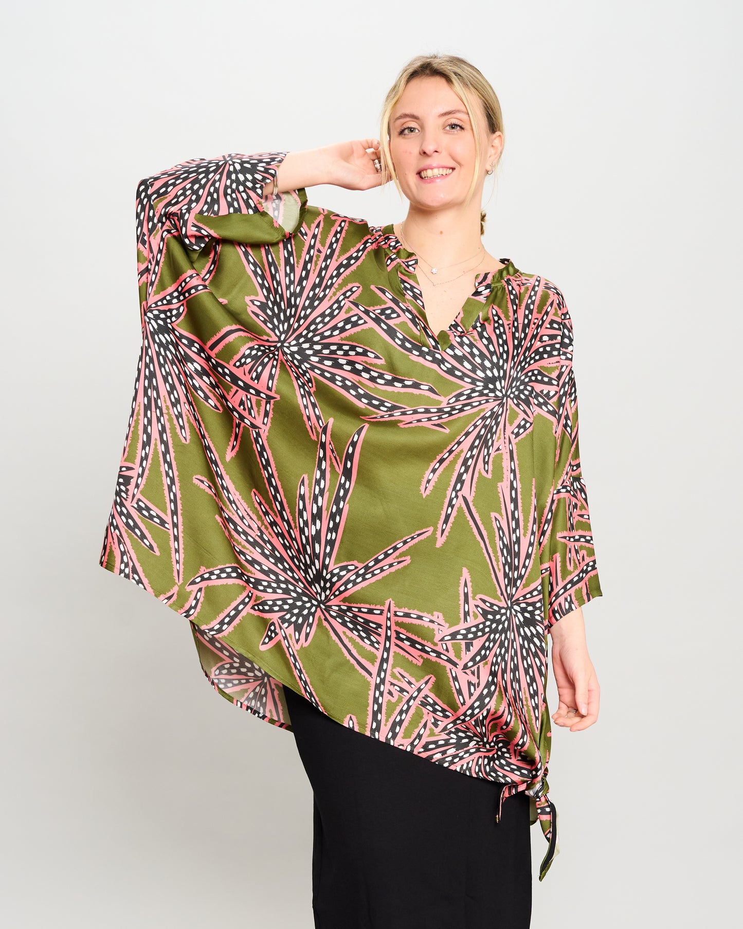 Oversized Printed Viscose Blouse with Bow Tie