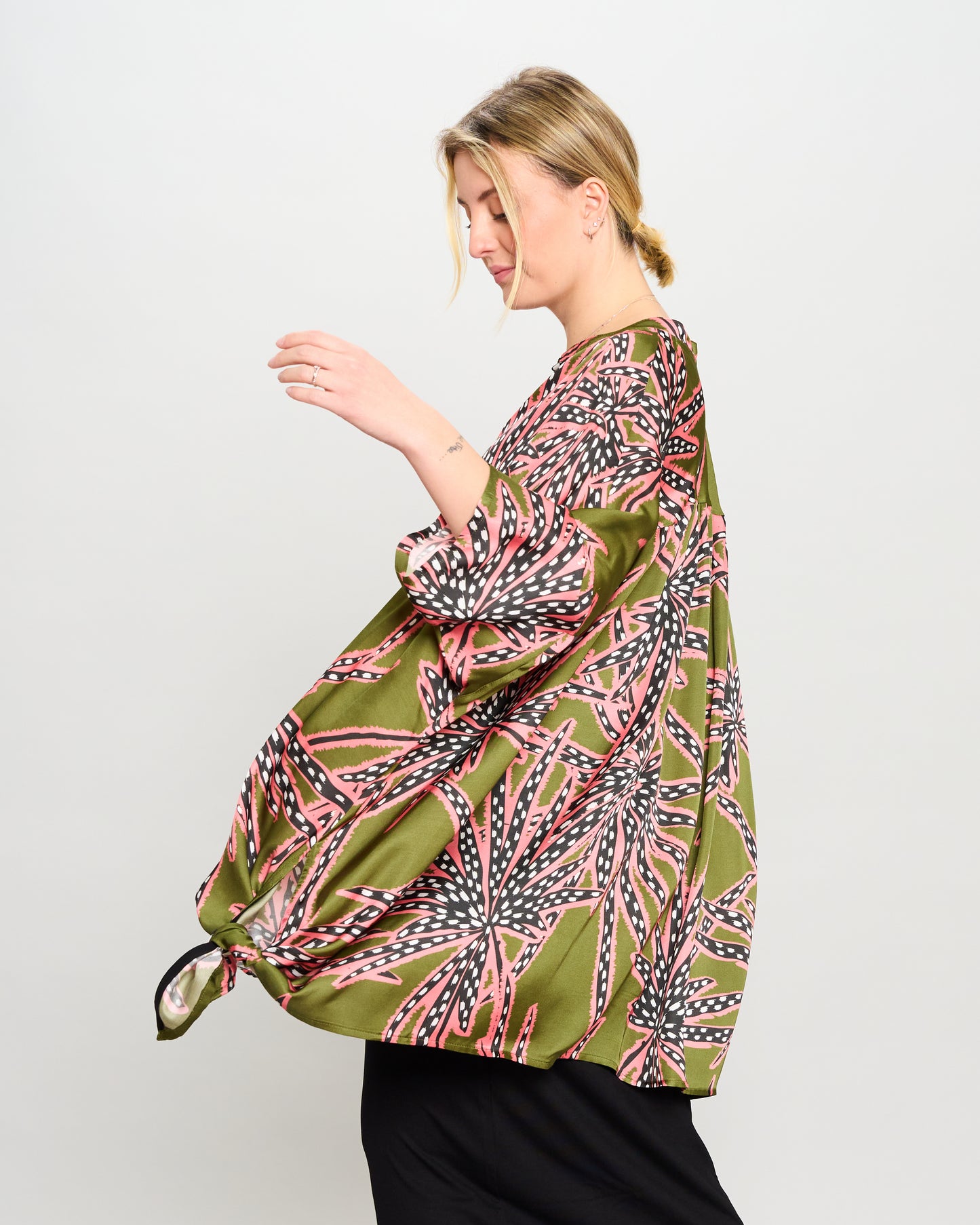 Oversized Printed Viscose Blouse with Bow Tie