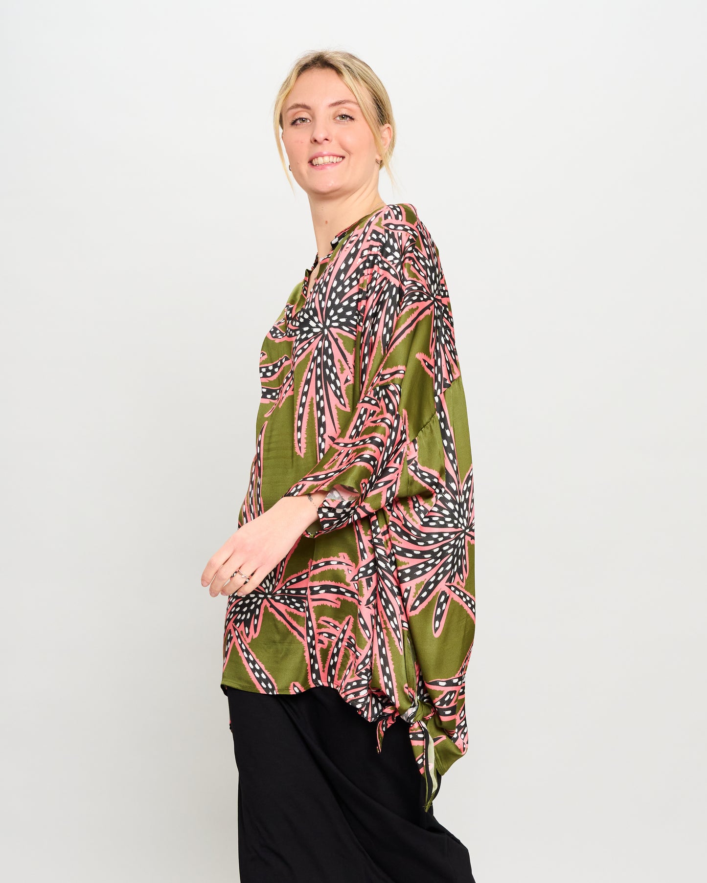 Oversized Printed Viscose Blouse with Bow Tie