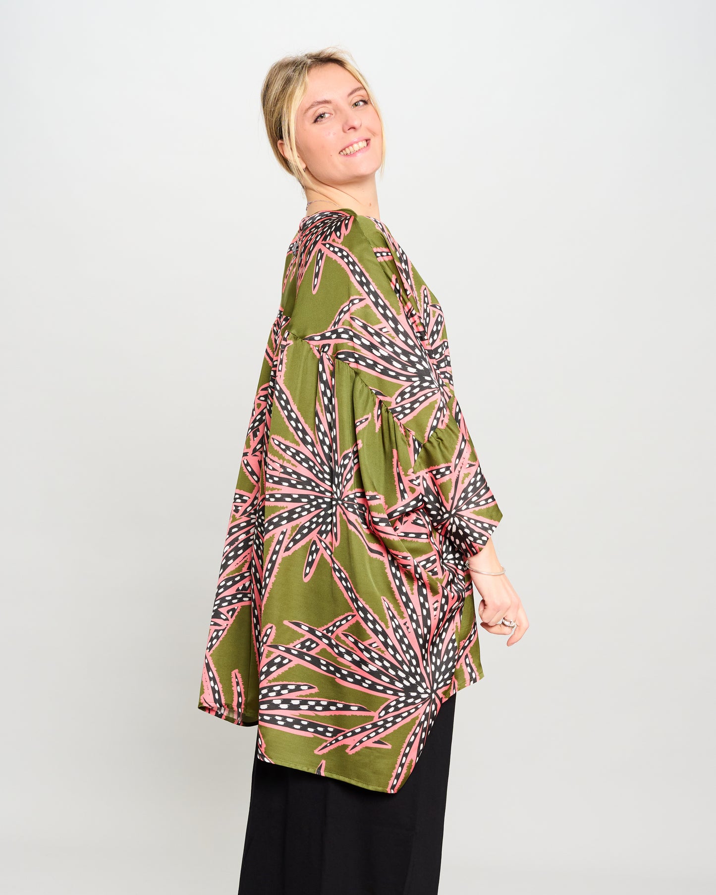 Oversized Printed Viscose Blouse with Bow Tie