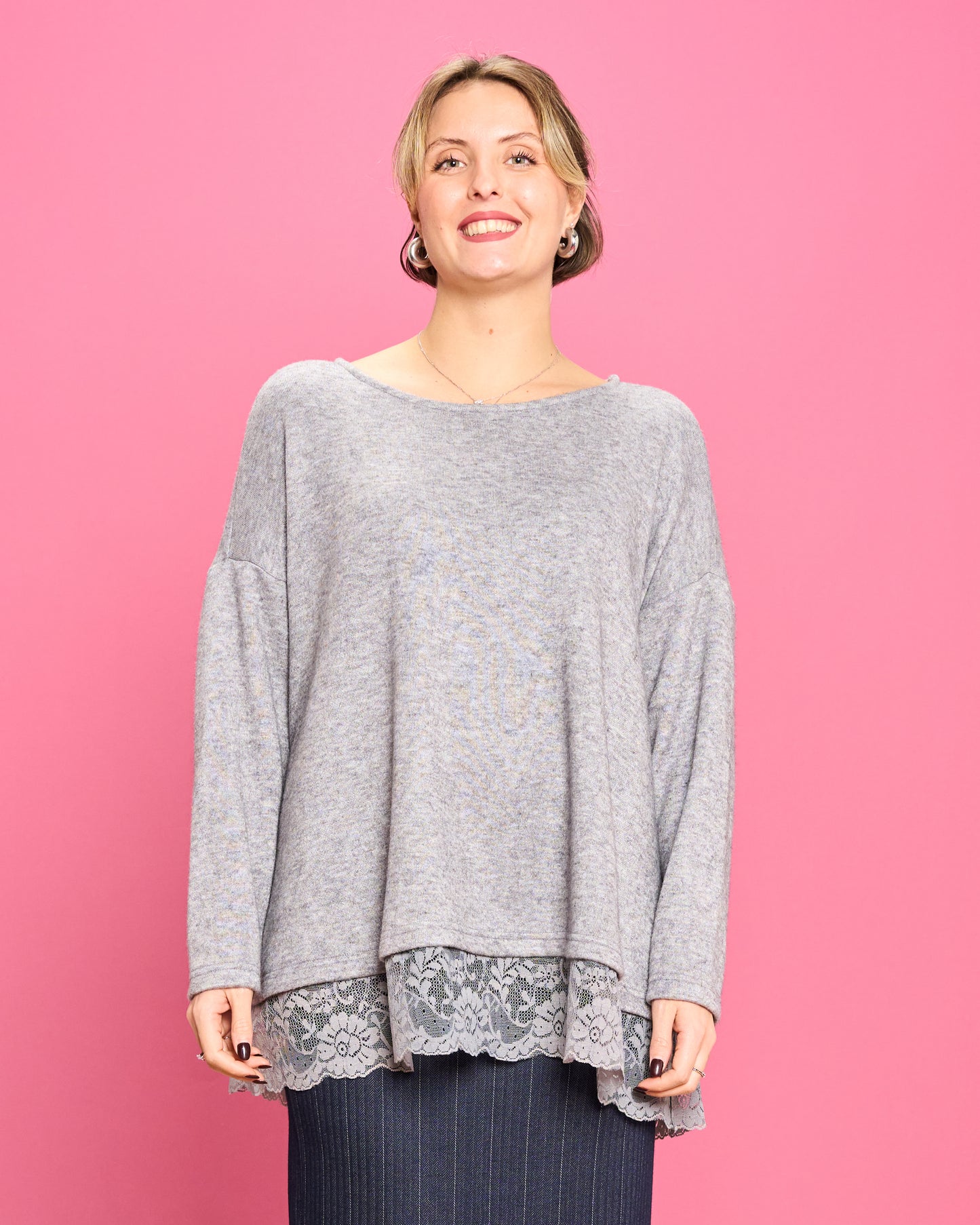 Soft Melange Sweater with Lace Details