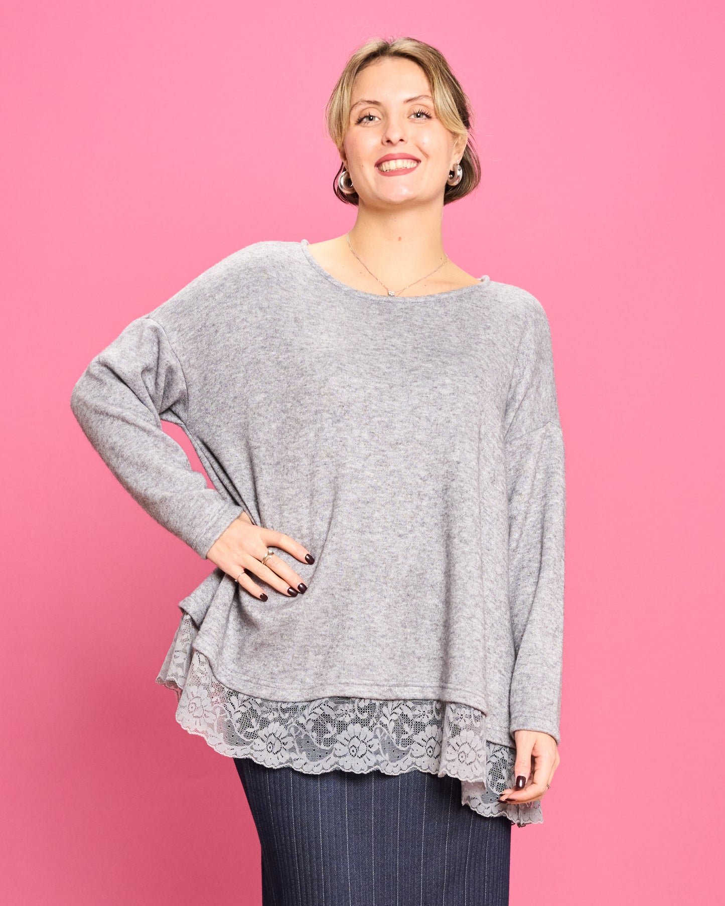 Soft Melange Sweater with Lace Details