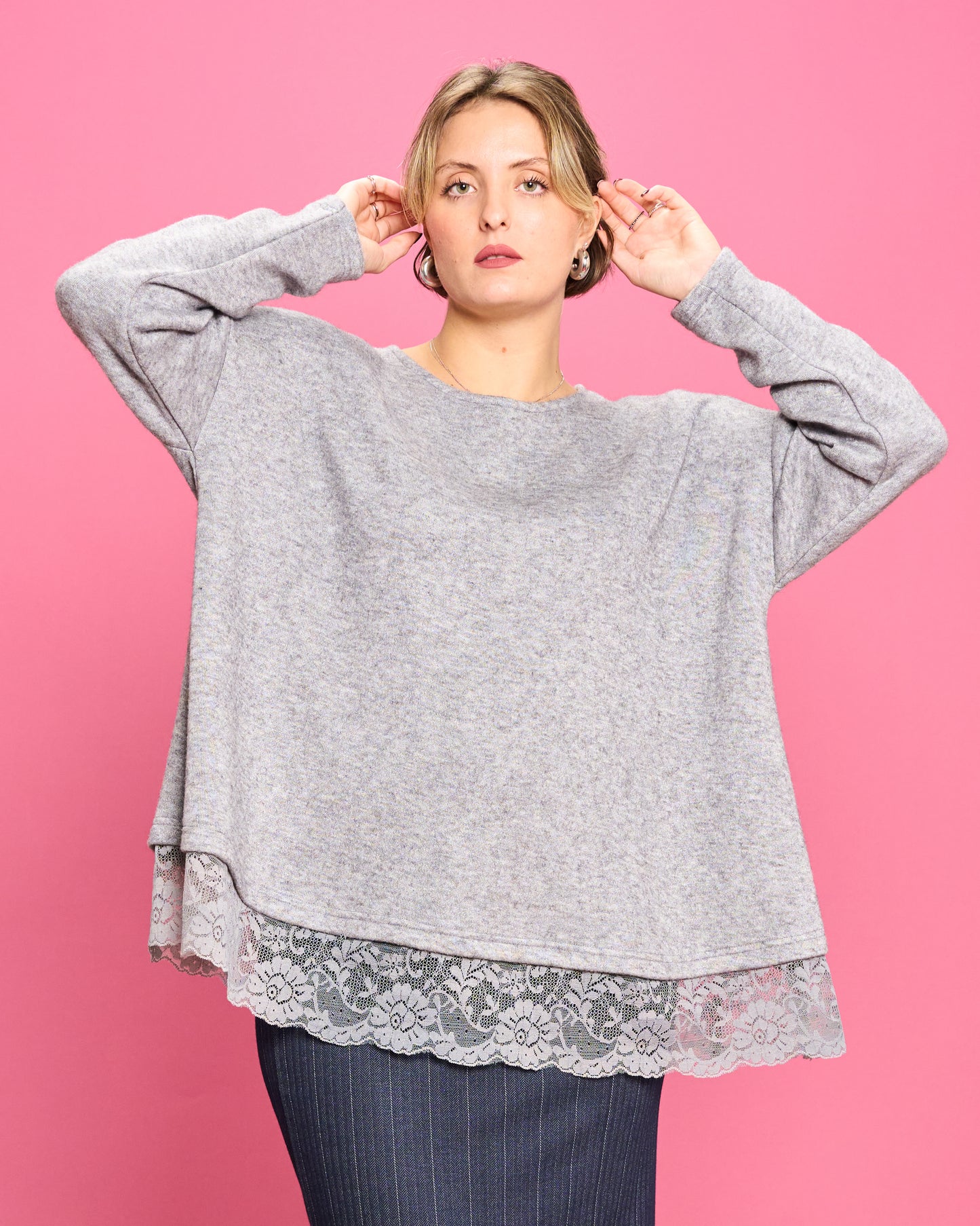 Soft Melange Sweater with Lace Details