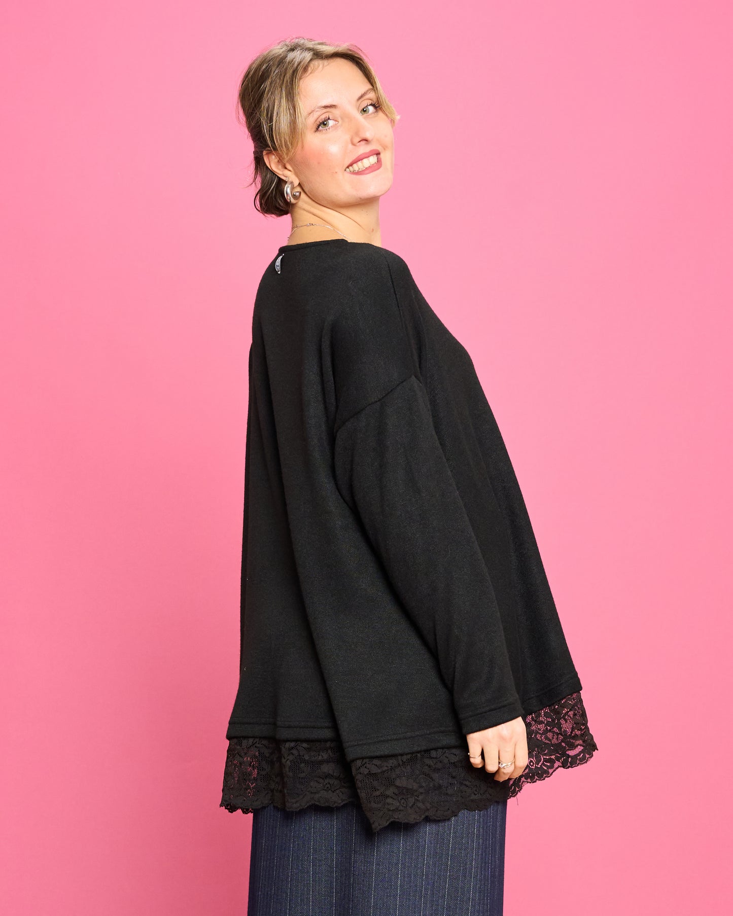 Soft Melange Sweater with Lace Details