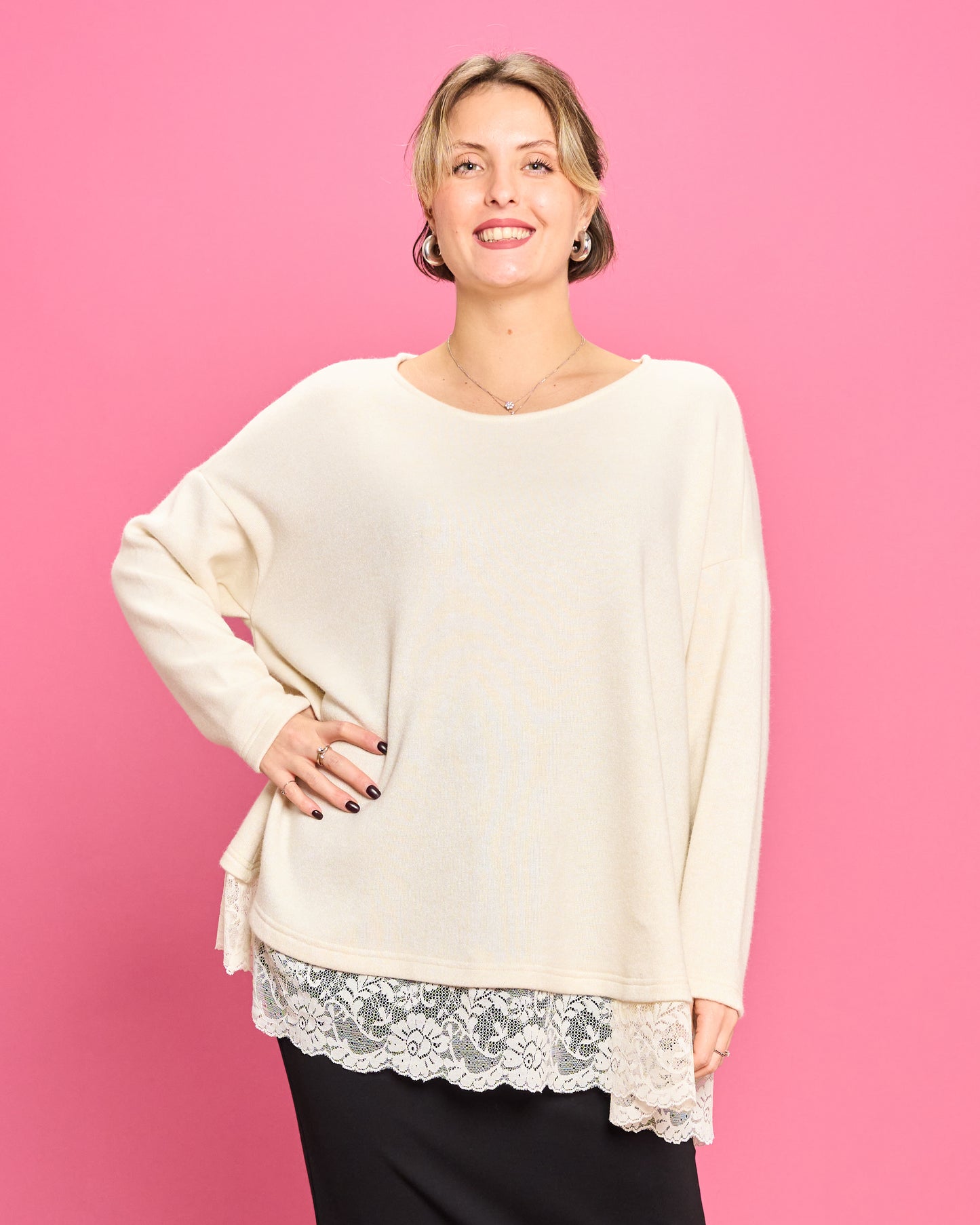 Soft Melange Sweater with Lace Details