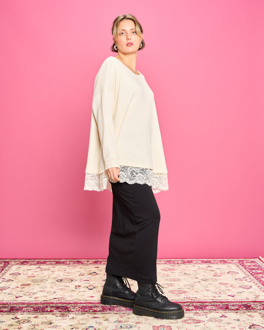 Soft Melange Sweater with Lace Details