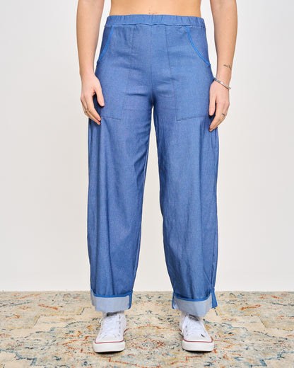 Pantalone in Denim Elasticizzato Bordato